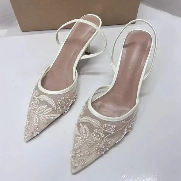 Sexy Mesh Pointed Stiletto Mules Women Heels Elegant